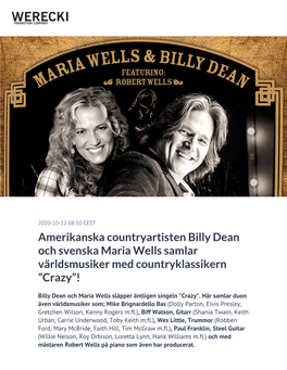 Amerikanska Countryartisten Billy Dean Och Svenska Maria Wells Samlar Världsmusiker Med Countryklassikern ”Crazy”!