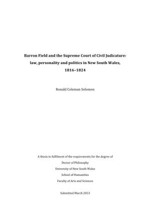 Barron Field and the Supreme Court of Civil Judicature: Law, Personality and Politics in New South Wales, 1816–1824