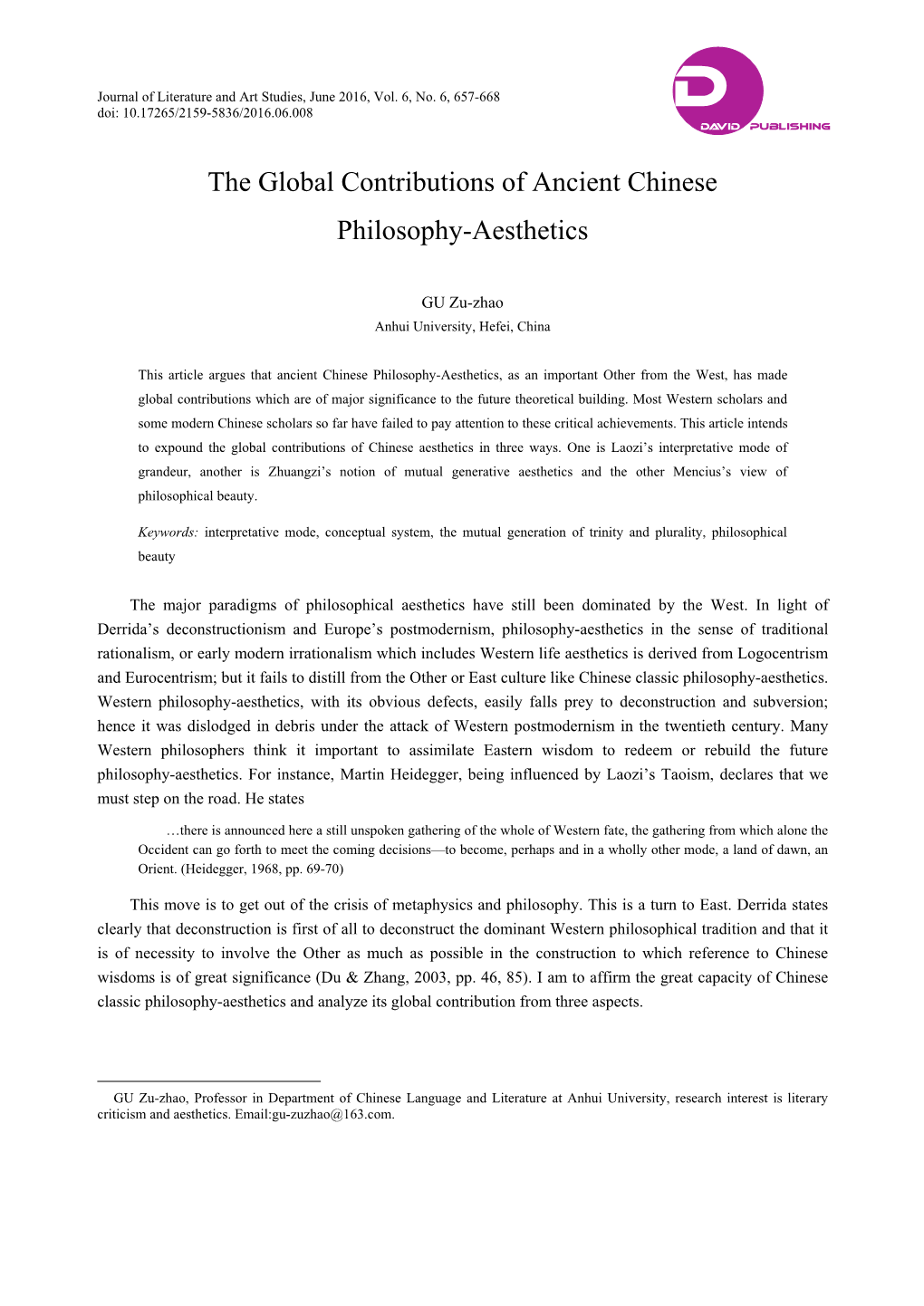 The Global Contributions of Ancient Chinese Philosophy-Aesthetics