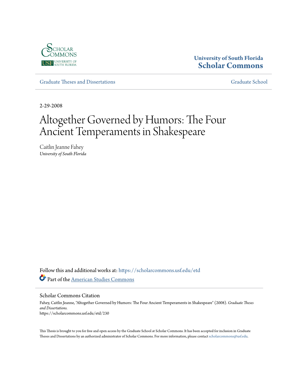 Altogether Governed by Humors: the Four Ancient Temperaments in Shakespeare