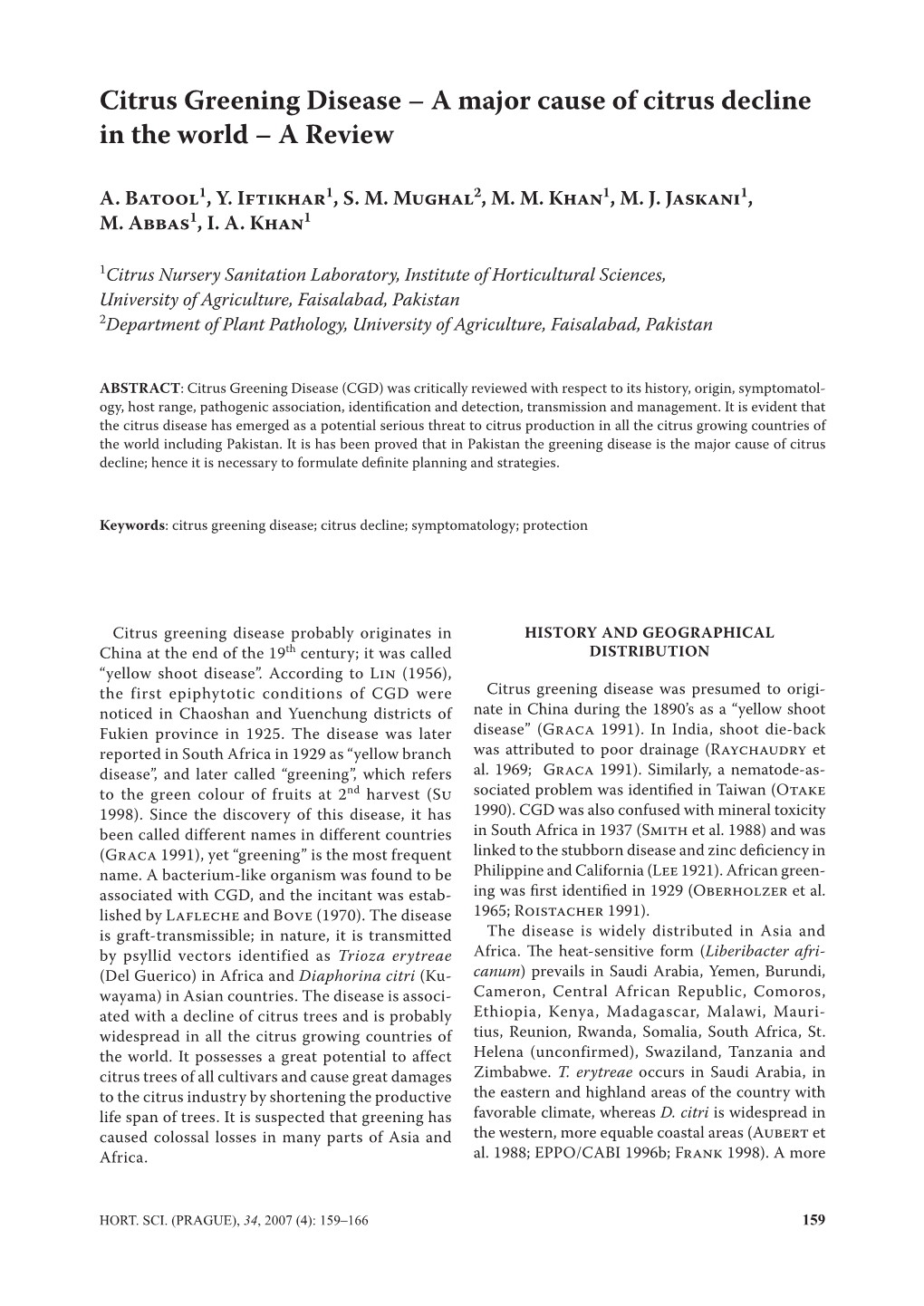 Citrus Greening Disease – a Major Cause of Citrus Decline in the World – a Review