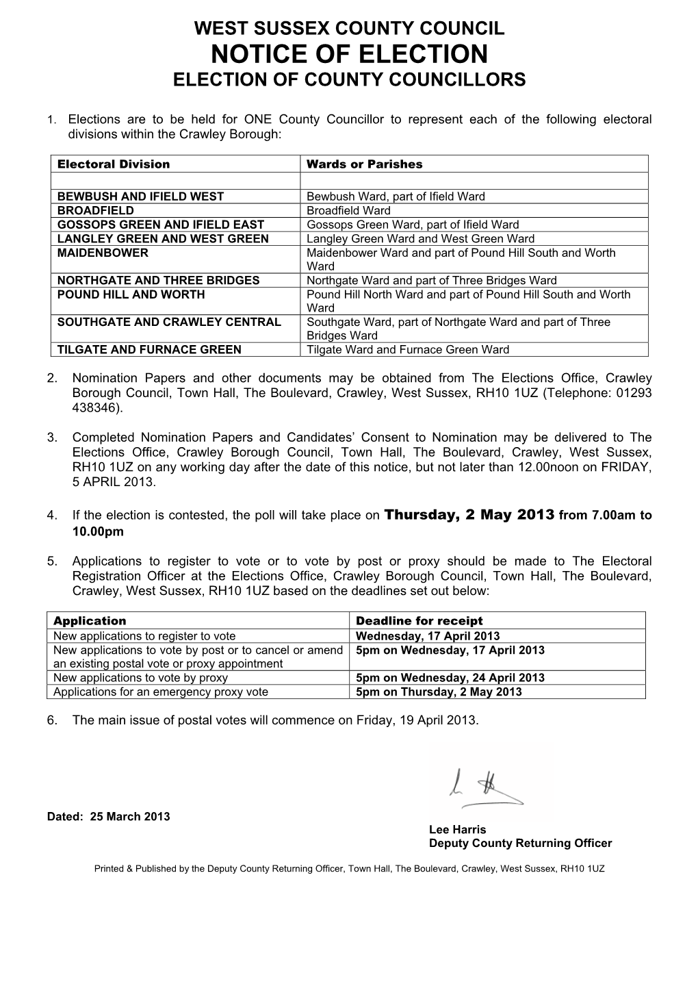 Notice of Election Election of County Councillors