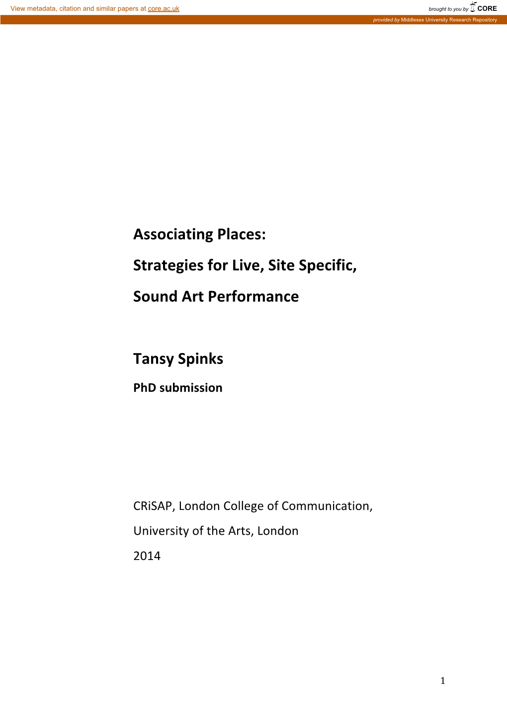 Associating Places: Strategies for Live, Site Specific, Sound Art Performance