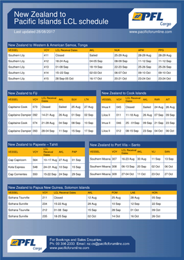 New Zealand to Pacific Islands LCL Schedule