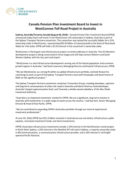 Canada Pension Plan Investment Board to Invest in Westconnex Toll Road Project in Australia