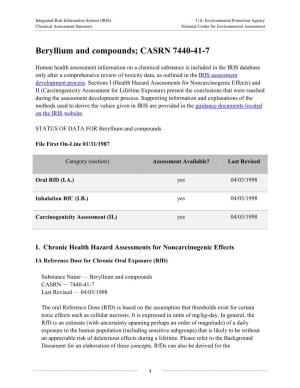 Beryllium and Compounds (CASRN 7440-41-7) | IRIS