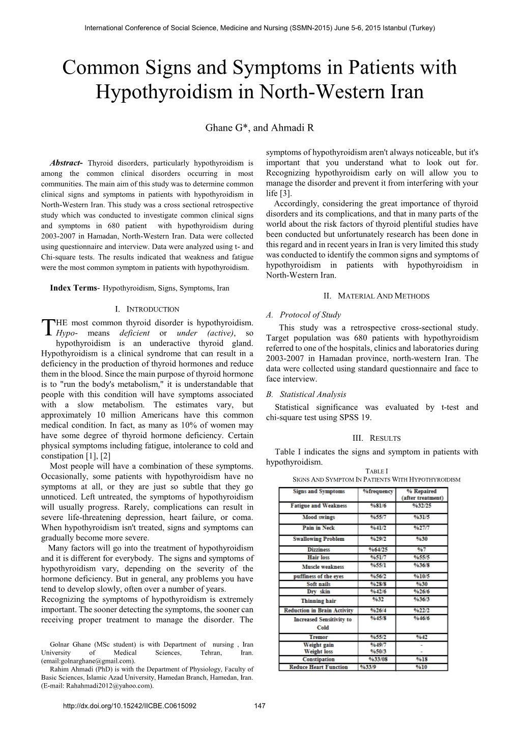 Common Signs and Symptoms in Patients with Hypothyroidism in North-Western Iran