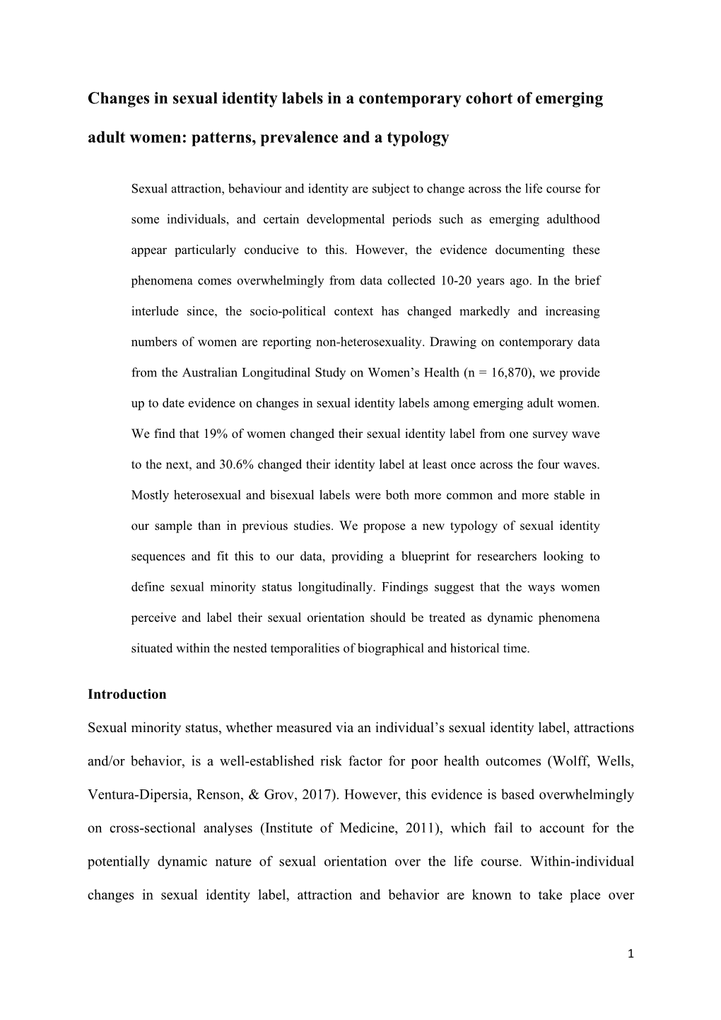 Changes in Sexual Identity Labels in a Contemporary Cohort of Emerging Adult Women: Patterns, Prevalence and a Typology