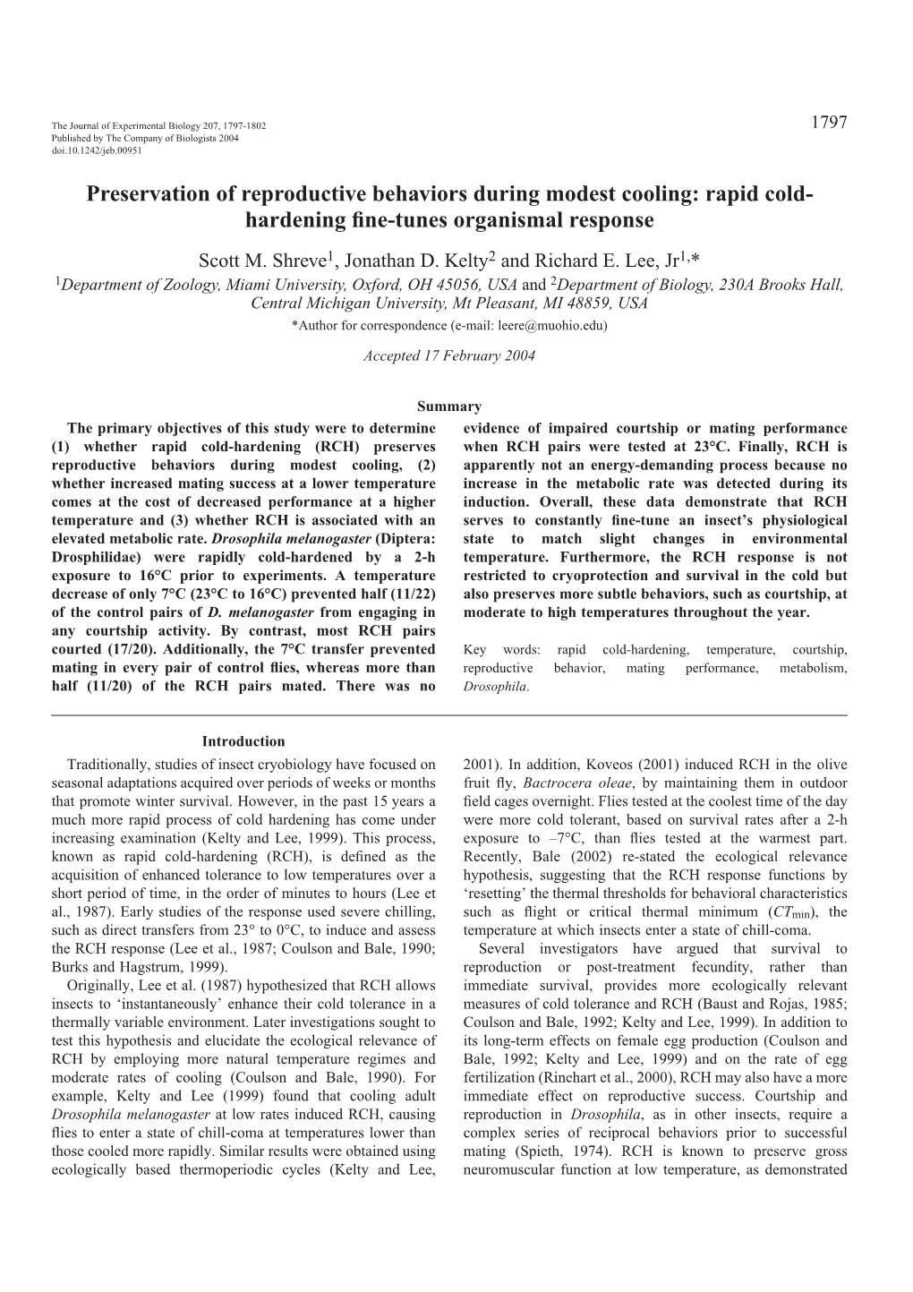 Rapid Cold- Hardening ﬁne-Tunes Organismal Response Scott M