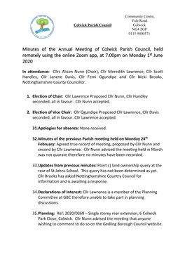 Annual Meeting of Colwick Parish Council, Held Remotely Using the Online Zoom App, at 7:00Pm on Monday 1St June 2020