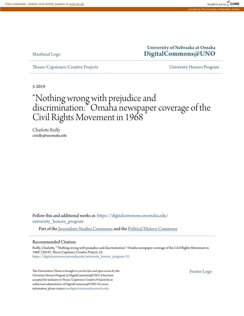 Omaha Newspaper Coverage of the Civil Rights Movement in 1968 Charlotte Reilly Crreilly@Unomaha.Edu