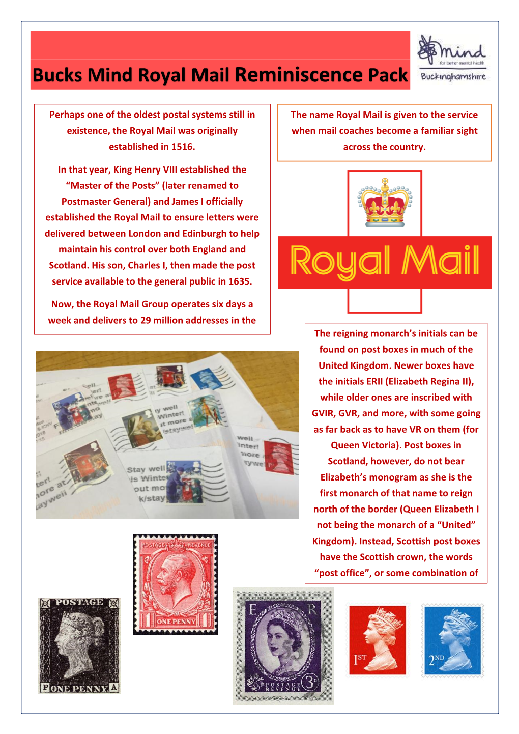 Bucks Mind Royal Mail Reminiscence Pack