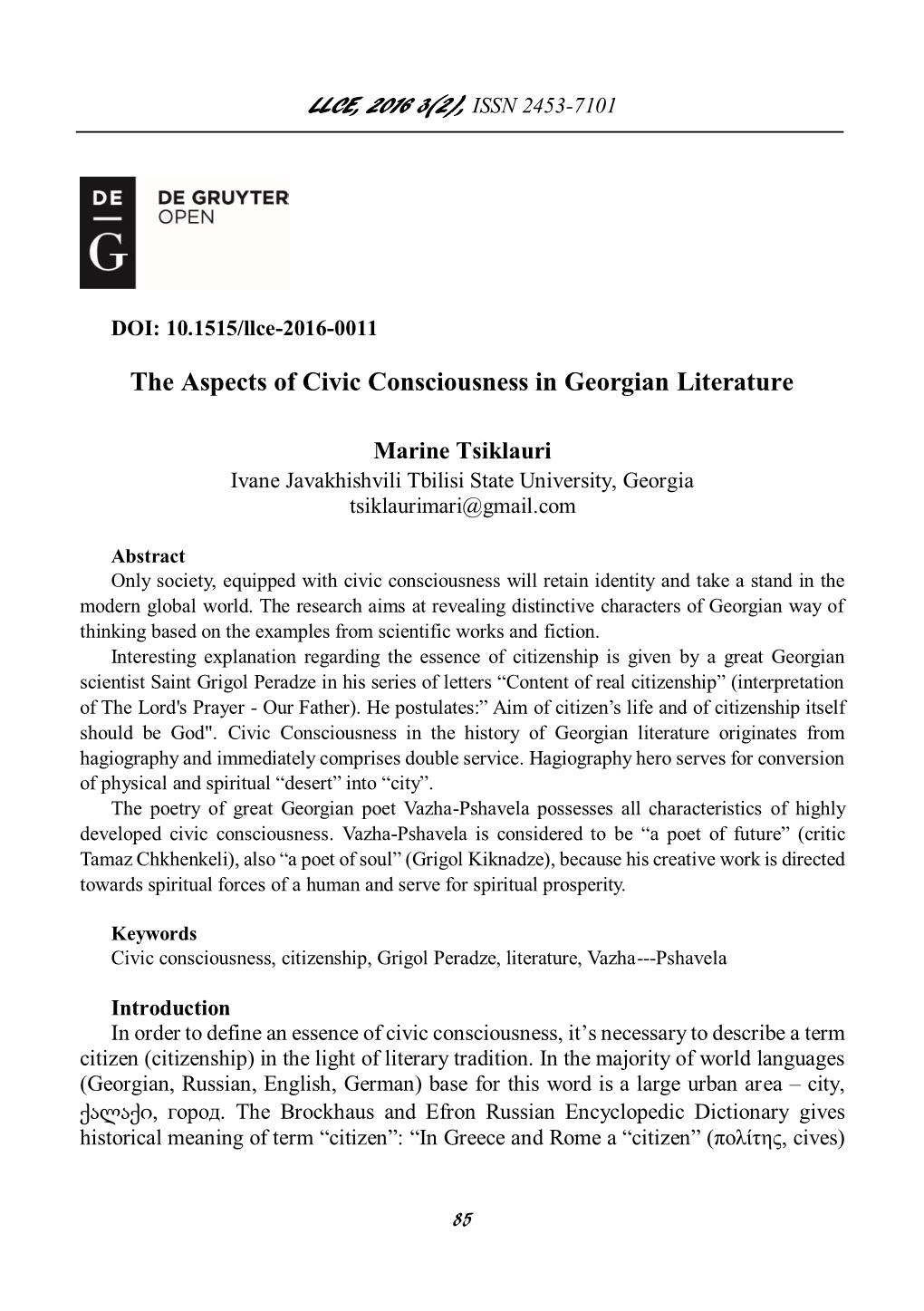 The Aspects of Civic Consciousness in Georgian Literature