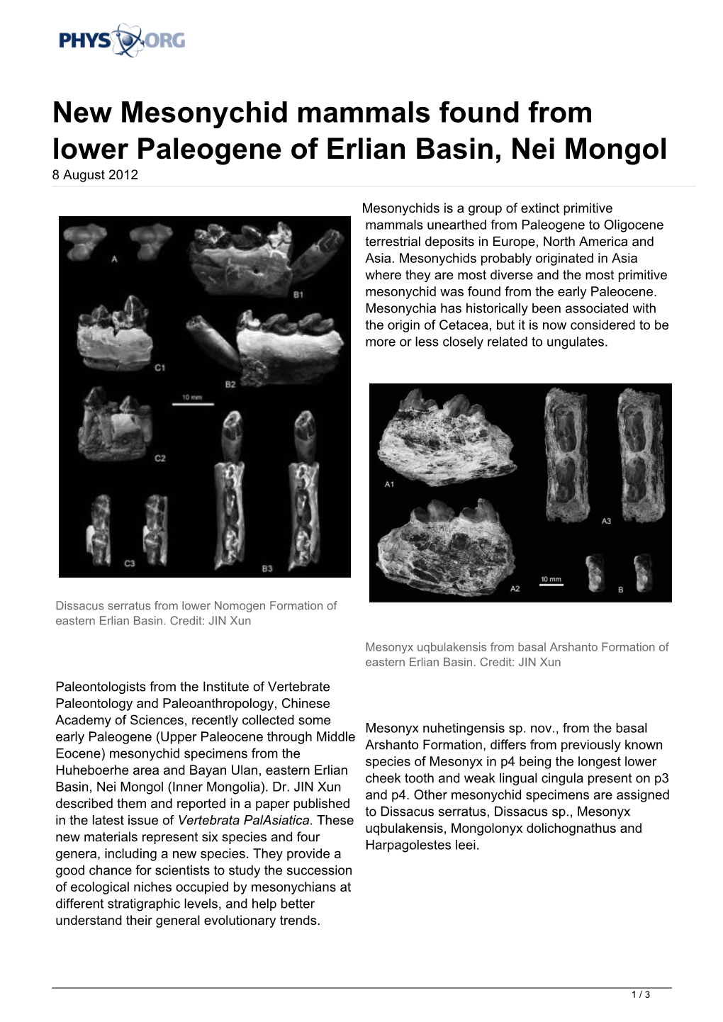 New Mesonychid Mammals Found from Lower Paleogene of Erlian Basin, Nei Mongol 8 August 2012