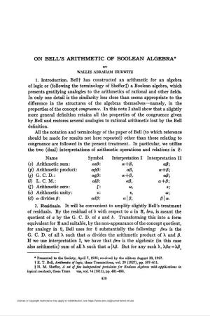 On Bell's Arithmetic of Boolean Algebra*