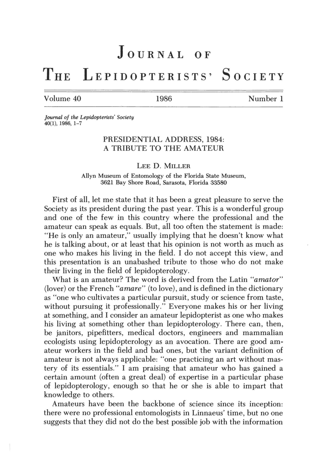 Journal of the Lepidopterists' Society 40(1)