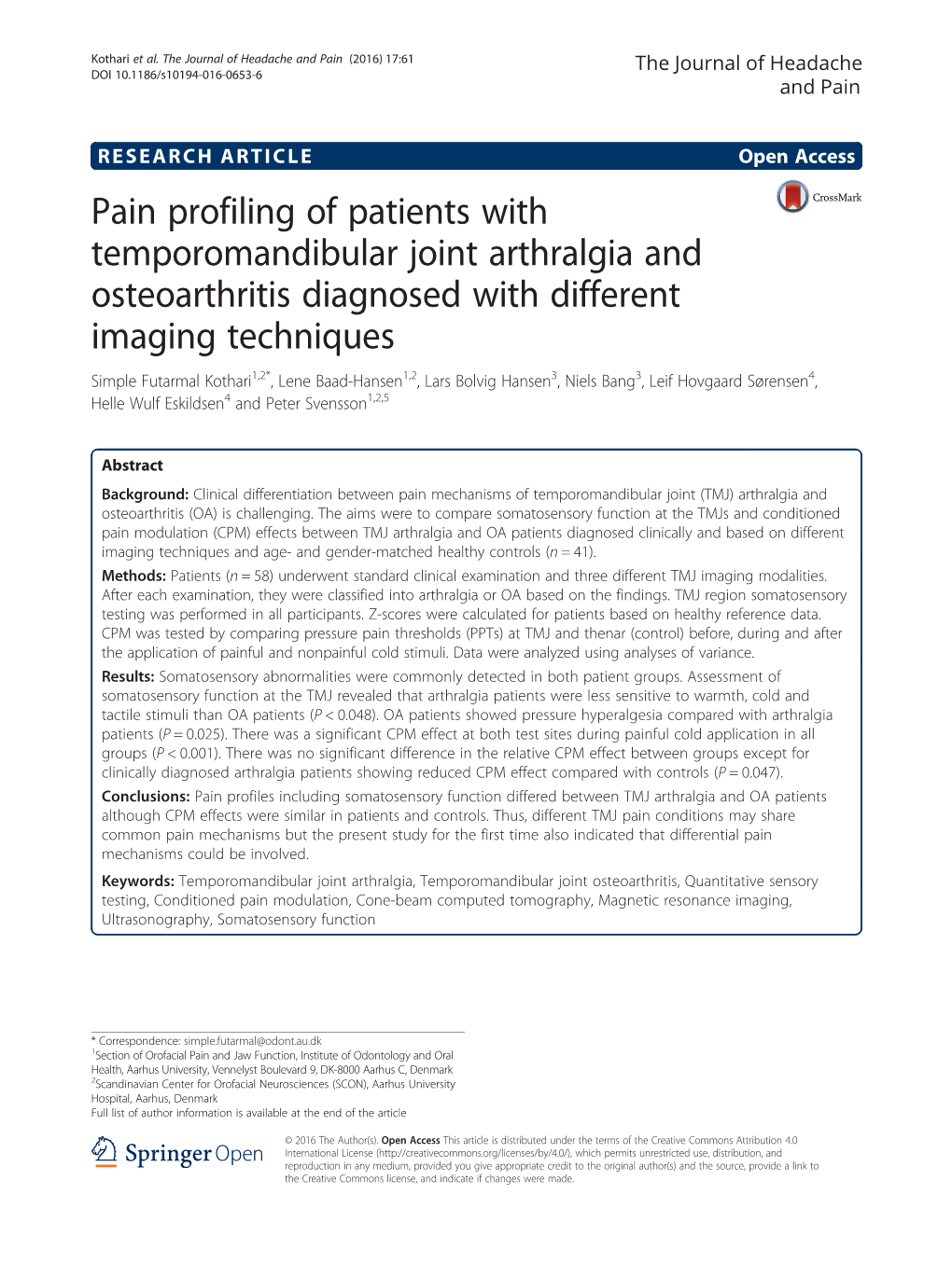 Pain Profiling of Patients with Temporomandibular Joint Arthralgia and Osteoarthritis Diagnosed with Different Imaging Technique