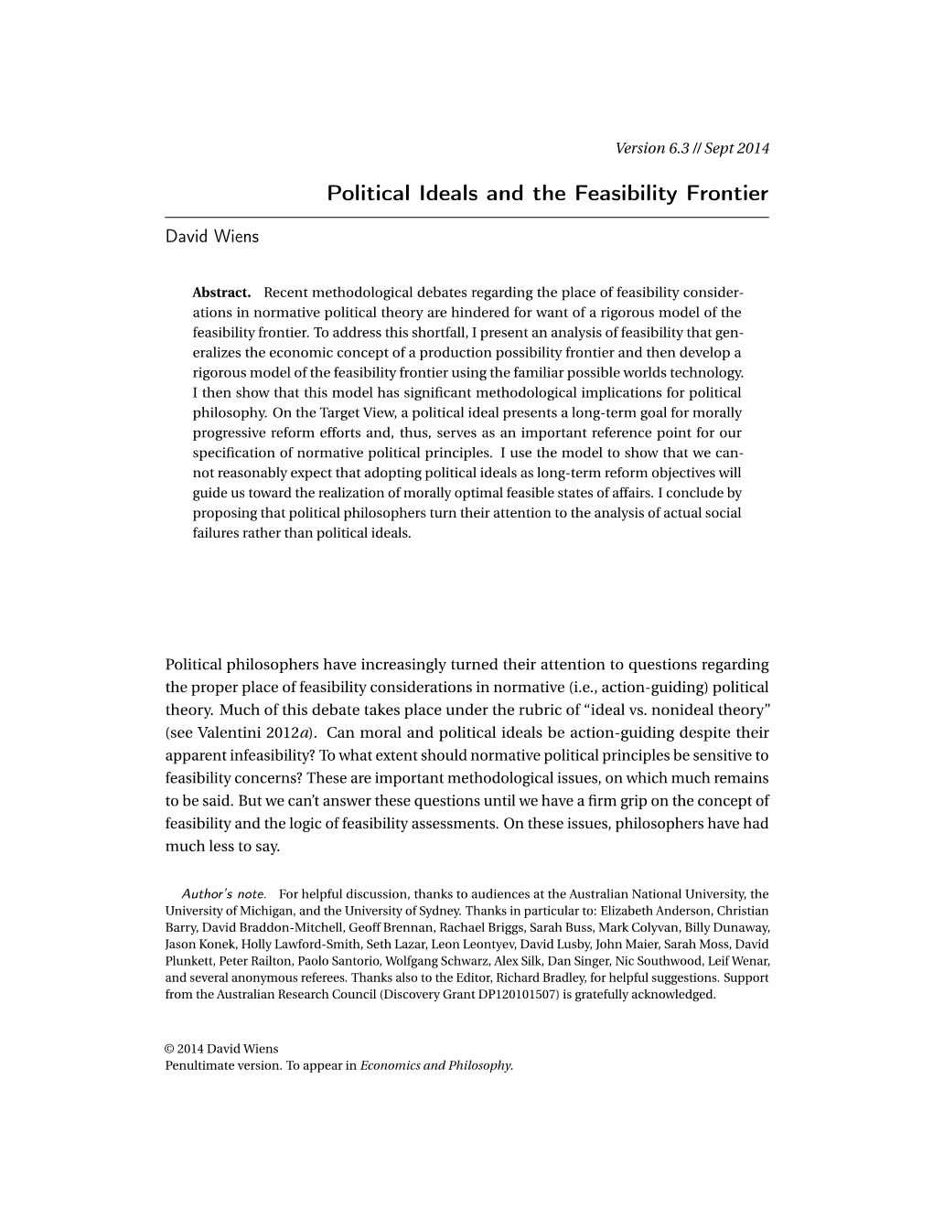 Political Ideals and the Feasibility Frontier