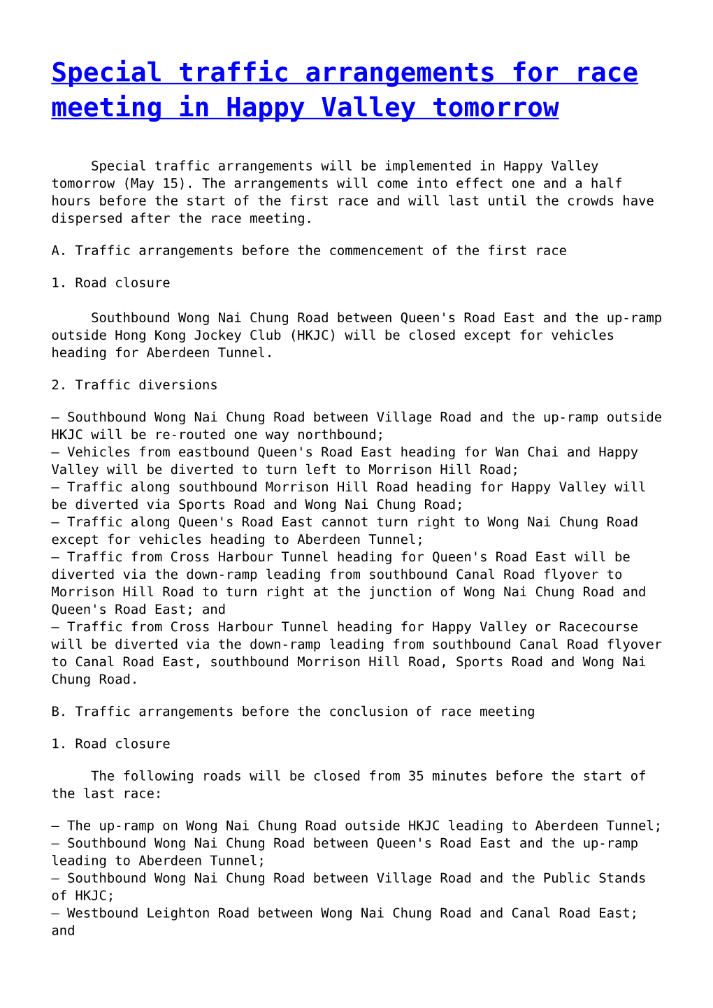Special Traffic Arrangements for Race Meeting in Happy Valley Tomorrow