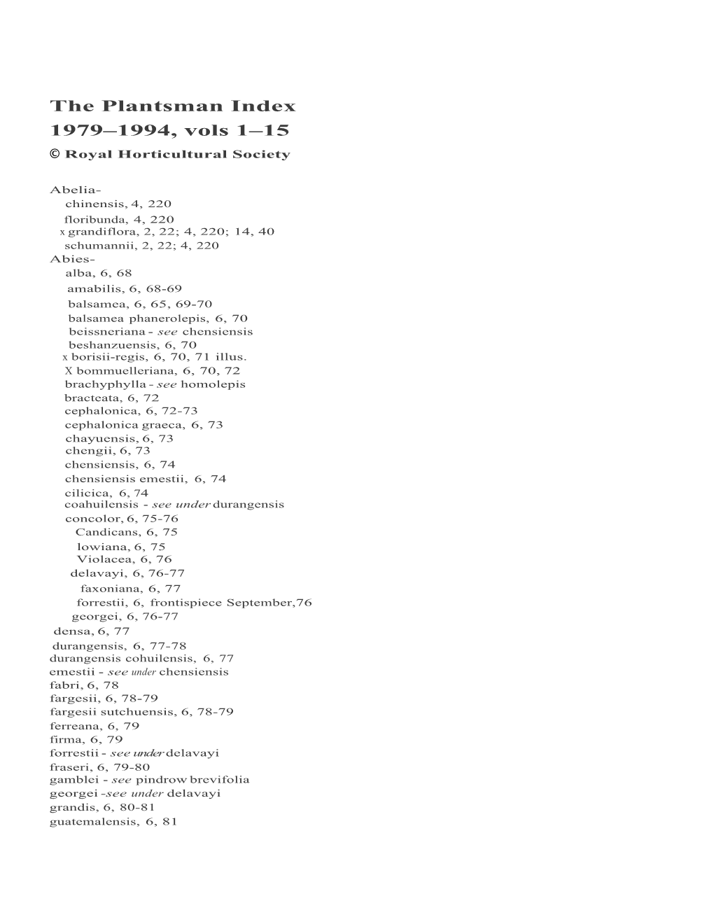 The Plantsman Index 1979 to 1994