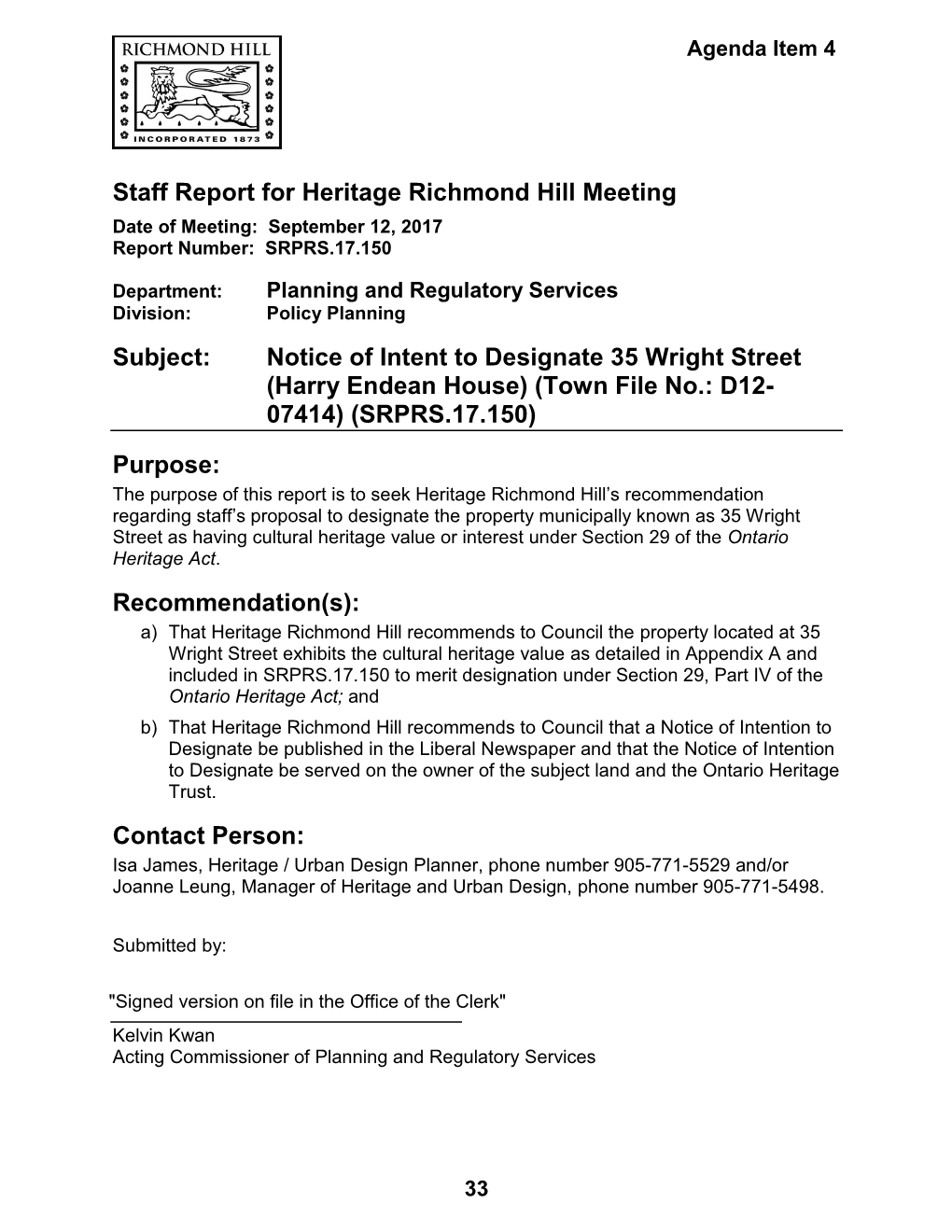 Heritage Richmond Hill Meeting Date of Meeting: September 12, 2017 Report Number: SRPRS.17.150