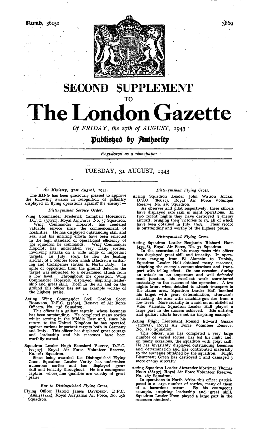 The London Gazette of FRIDAY, the 2Jth of AUGUST, 1943