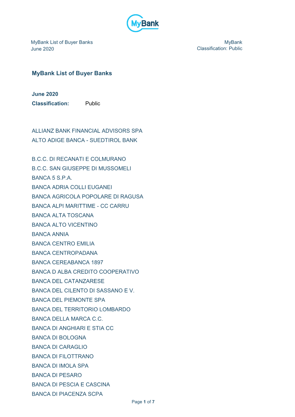 Mybank List of Buyer Banks Mybank June 2020 Classification: Public