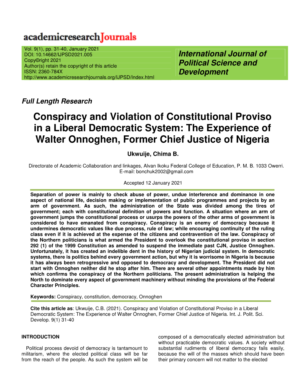 Conspiracy and Violation of Constitutional Proviso in a Liberal Democratic System: the Experience of Walter Onnoghen, Former Chief Justice of Nigeria