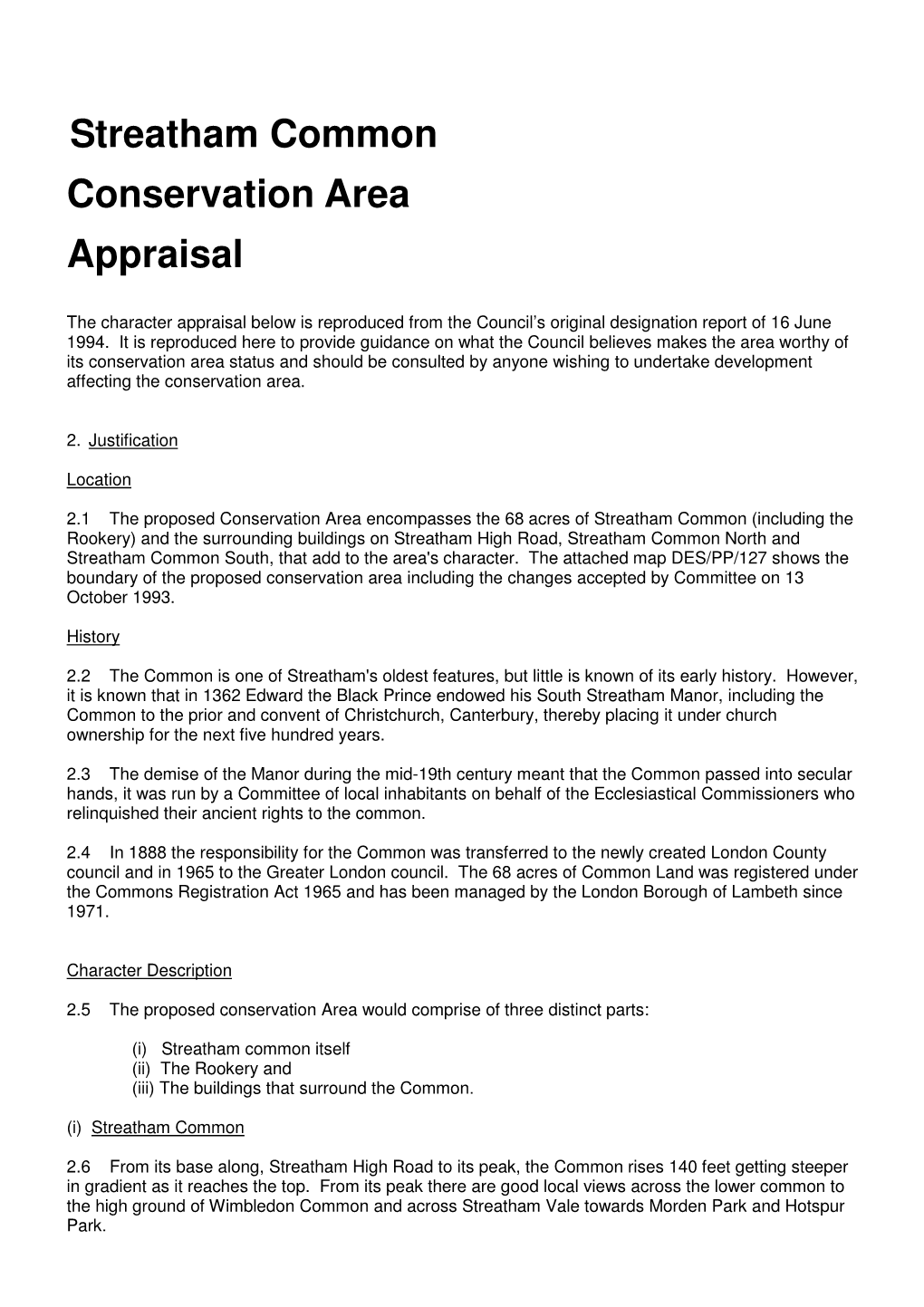 Streatham Common Conservation Area Appraisal