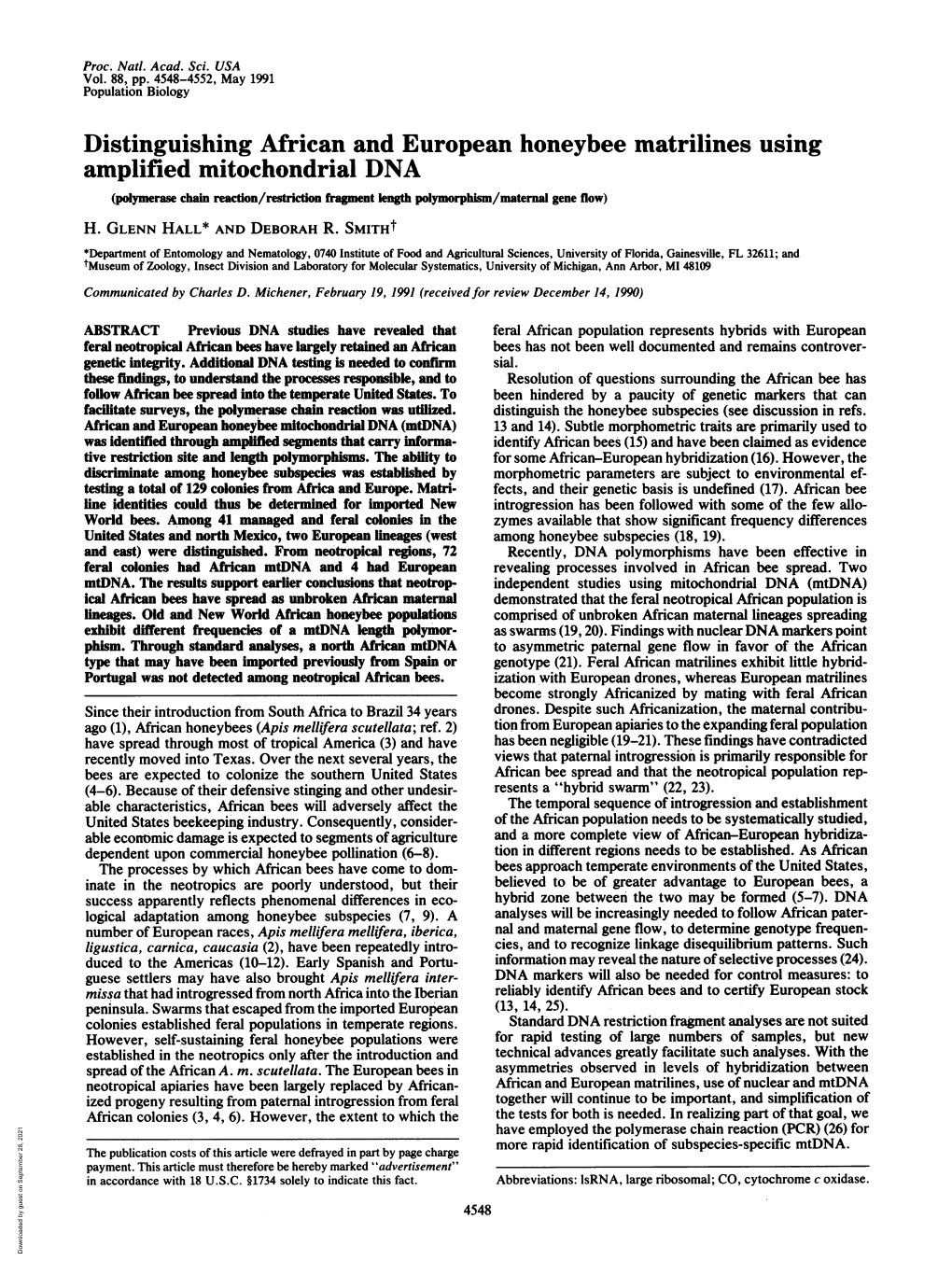 Amplified Mitochondrial DNA (Polymerase Chain Reaction/Restriction Fragment Length Polymorphism/Maternal Gene Flow) H