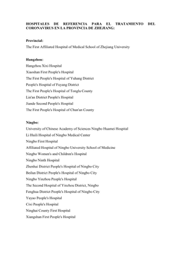 Hospitales De Referencia Para El Tratamiento Del Coronavirus En La Provincia De Zhejiang
