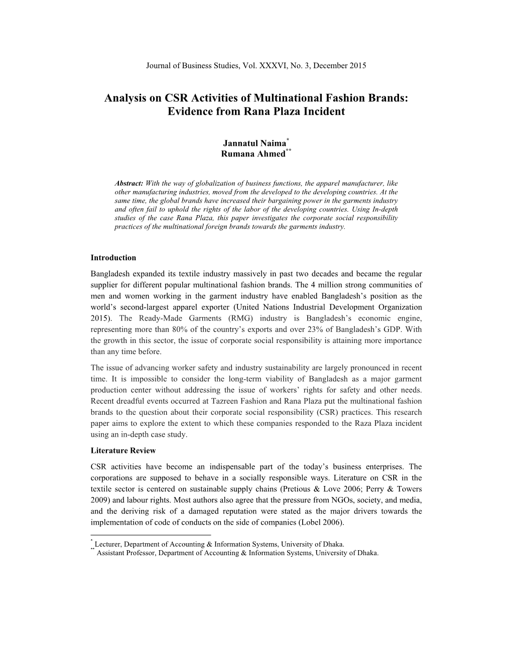 Analysis on CSR Activities of Multinational Fashion Brands: Evidence from Rana Plaza Incident