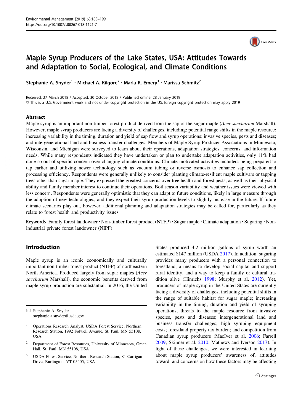 Maple Syrup Producers of the Lake States, USA: Attitudes Towards and Adaptation to Social, Ecological, and Climate Conditions