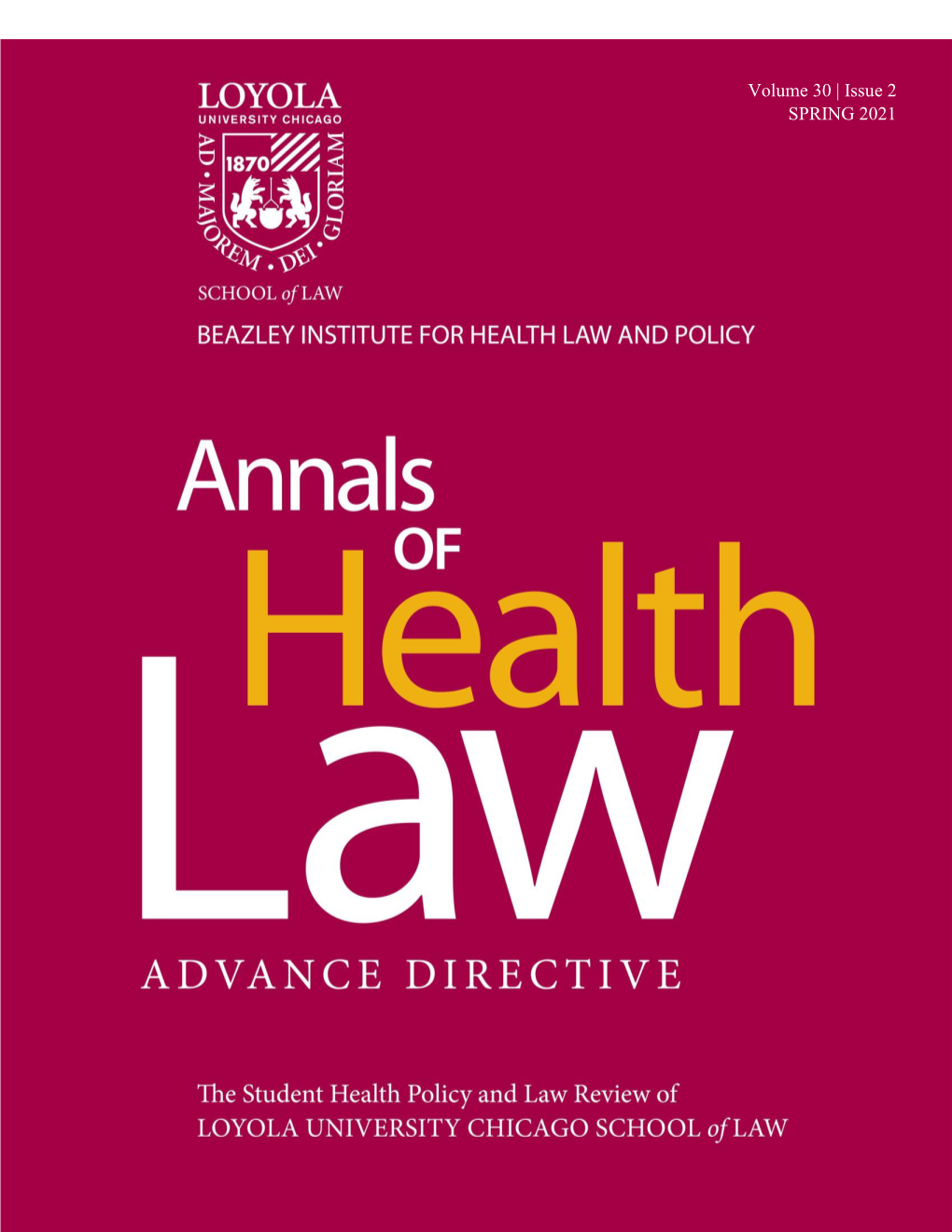 Issue 2 SPRING 2021 ANNALS of HEALTH LAW Advance Directive