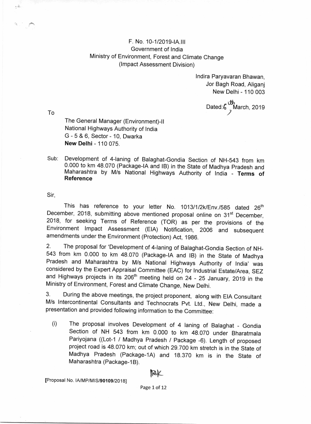 F. No. 10-1/2019-IA.III Government of India Ministry of Environment, Forest and Climate Change (Impact Assessment Division)