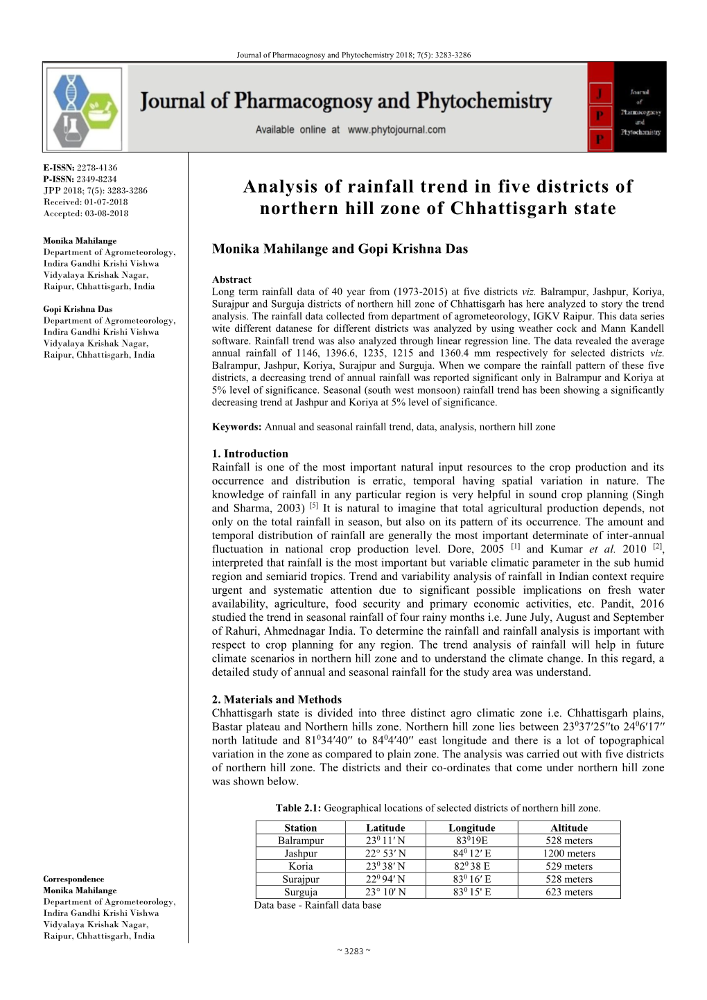 Analysis of Rainfall Trend in Five Districts of Northern Hill Zone Of