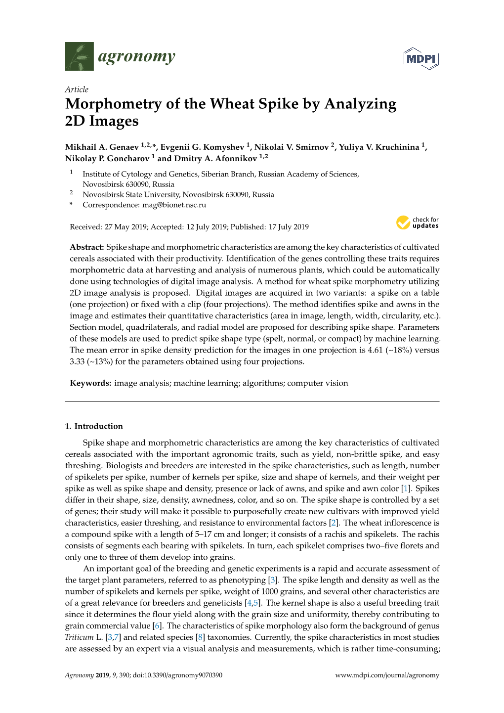 Morphometry of the Wheat Spike by Analyzing 2D Images