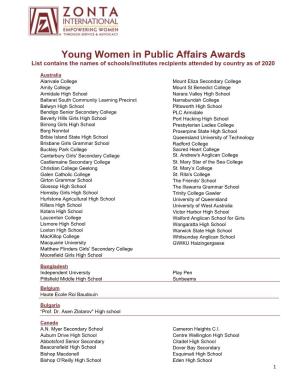 Young Women in Public Affairs Awards List Contains the Names of Schools/Institutes Recipients Attended by Country As of 2020