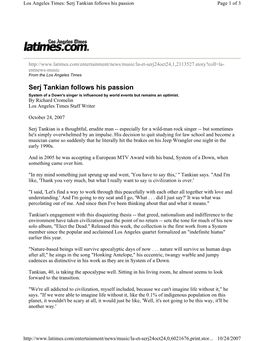 Serj Tankian Follows His Passion Page 1 of 3