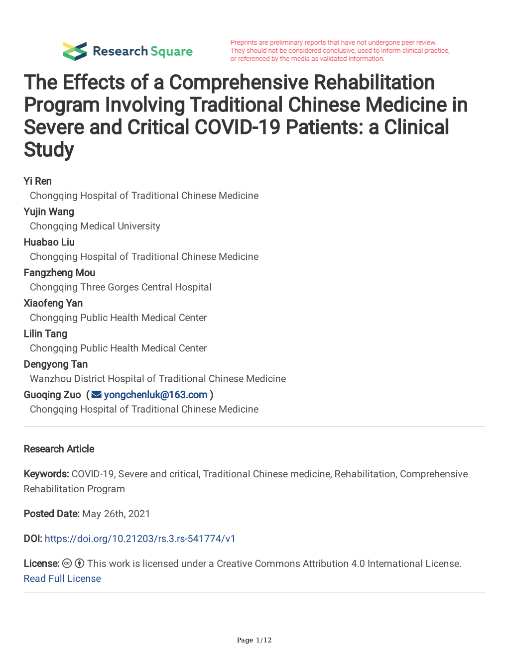 The Effects of a Comprehensive Rehabilitation Program Involving Traditional Chinese Medicine in Severe and Critical COVID-19 Patients: a Clinical Study