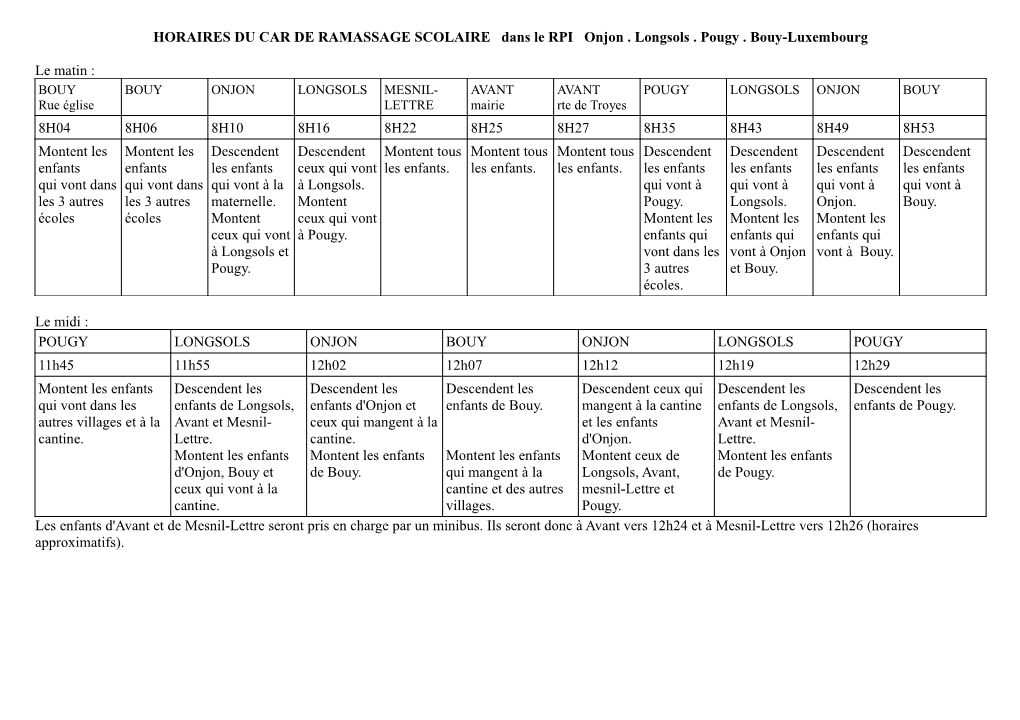 HORAIRES DU CAR DE RAMASSAGE SCOLAIRE Dans Le RPI Onjon