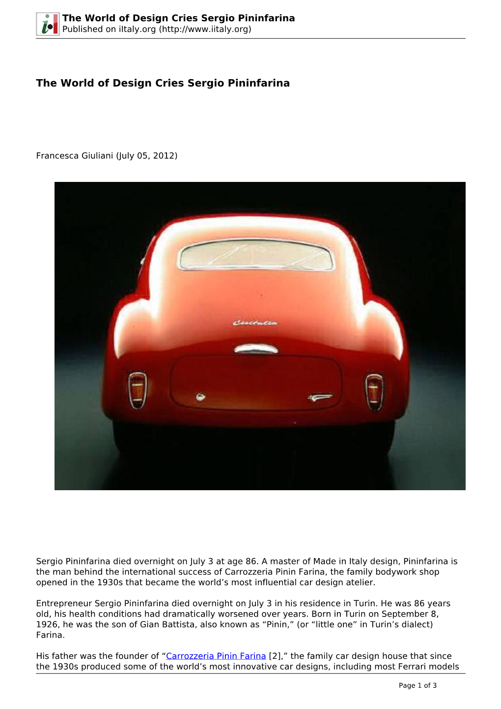 The World of Design Cries Sergio Pininfarina Published on Iitaly.Org (