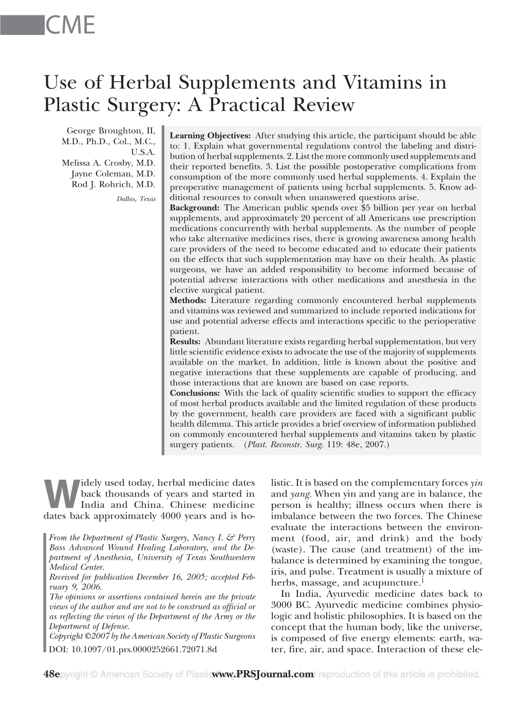 Use of Herbal Supplements and Vitamins in Plastic Surgery: a Practical Review