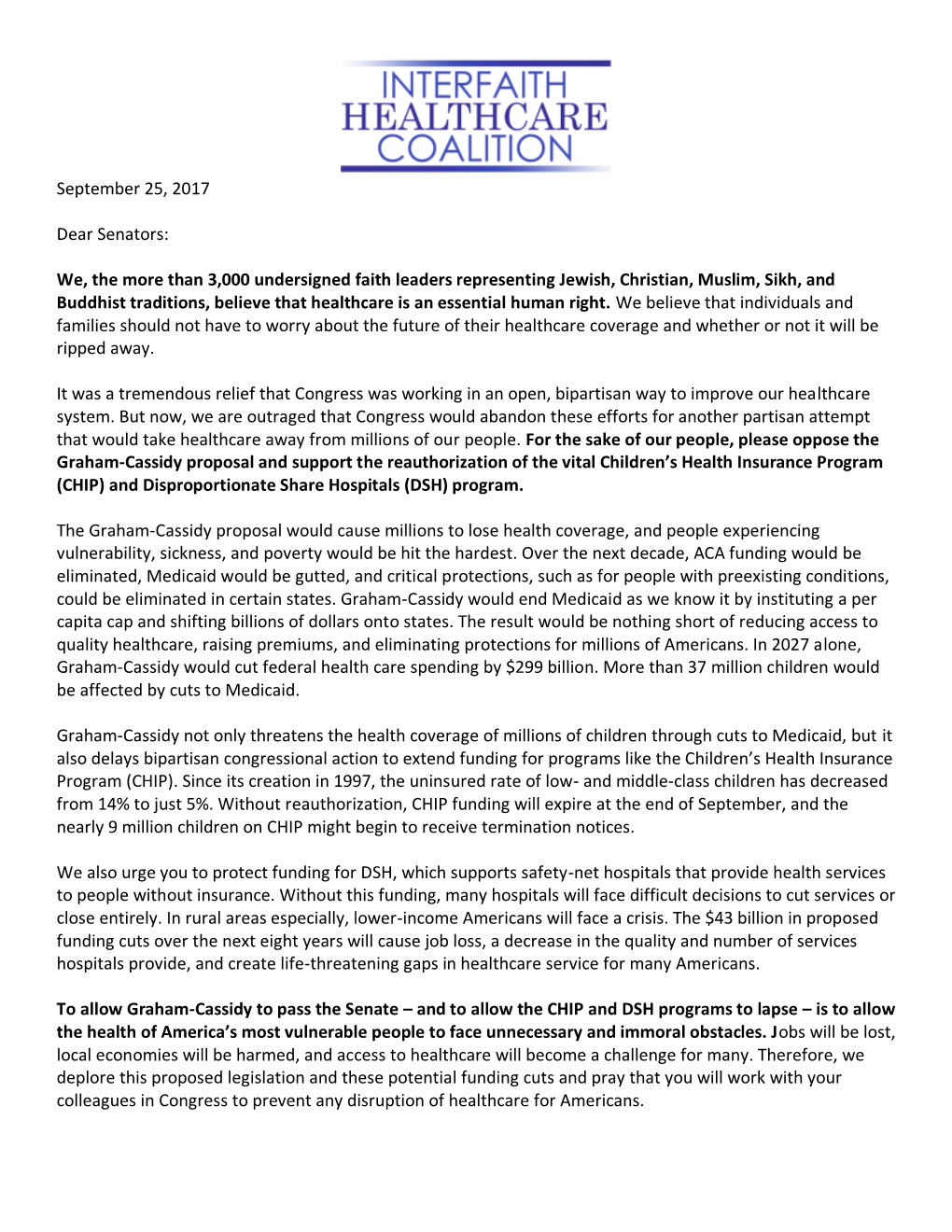 September 25, 2017 Dear Senators: We, the More Than 3,000 Undersigned Faith Leaders Representing Jewish, Christian, Muslim