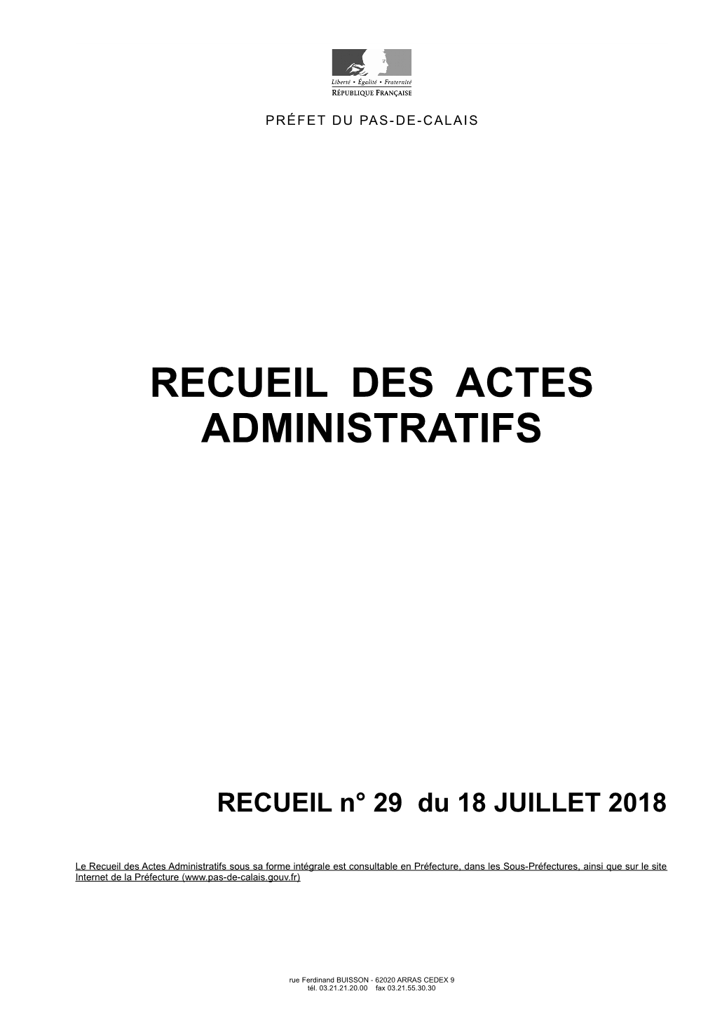 Recueil Des Actes Administratifs N° 29 Du 18 Juillet 2018
