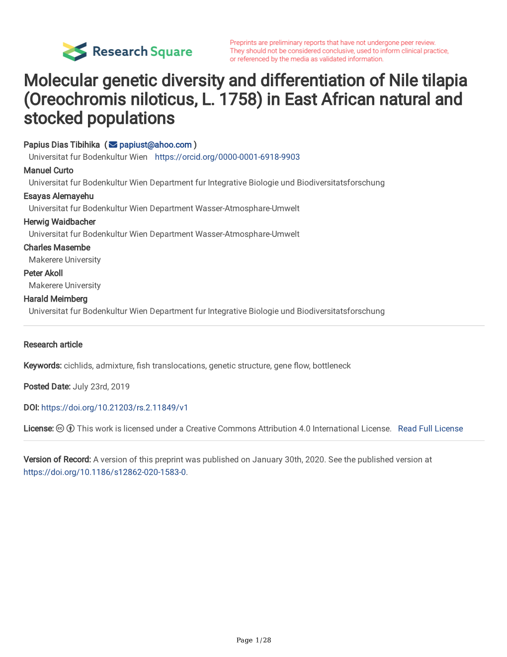 Molecular Genetic Diversity and Differentiation of Nile Tilapia (Oreochromis Niloticus, L