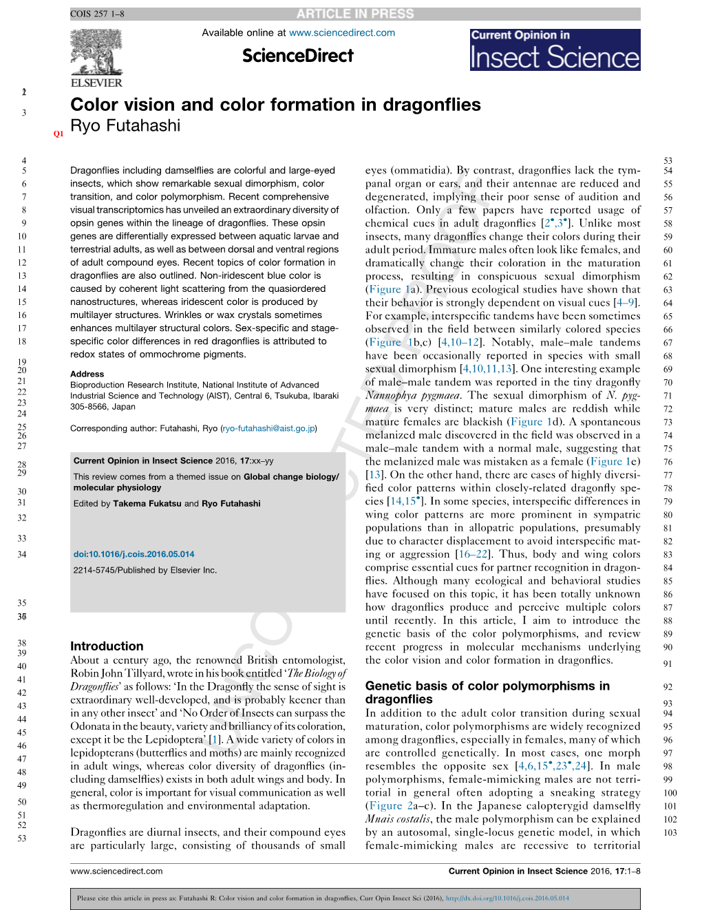 Color Vision and Color Formation in Dragonflies