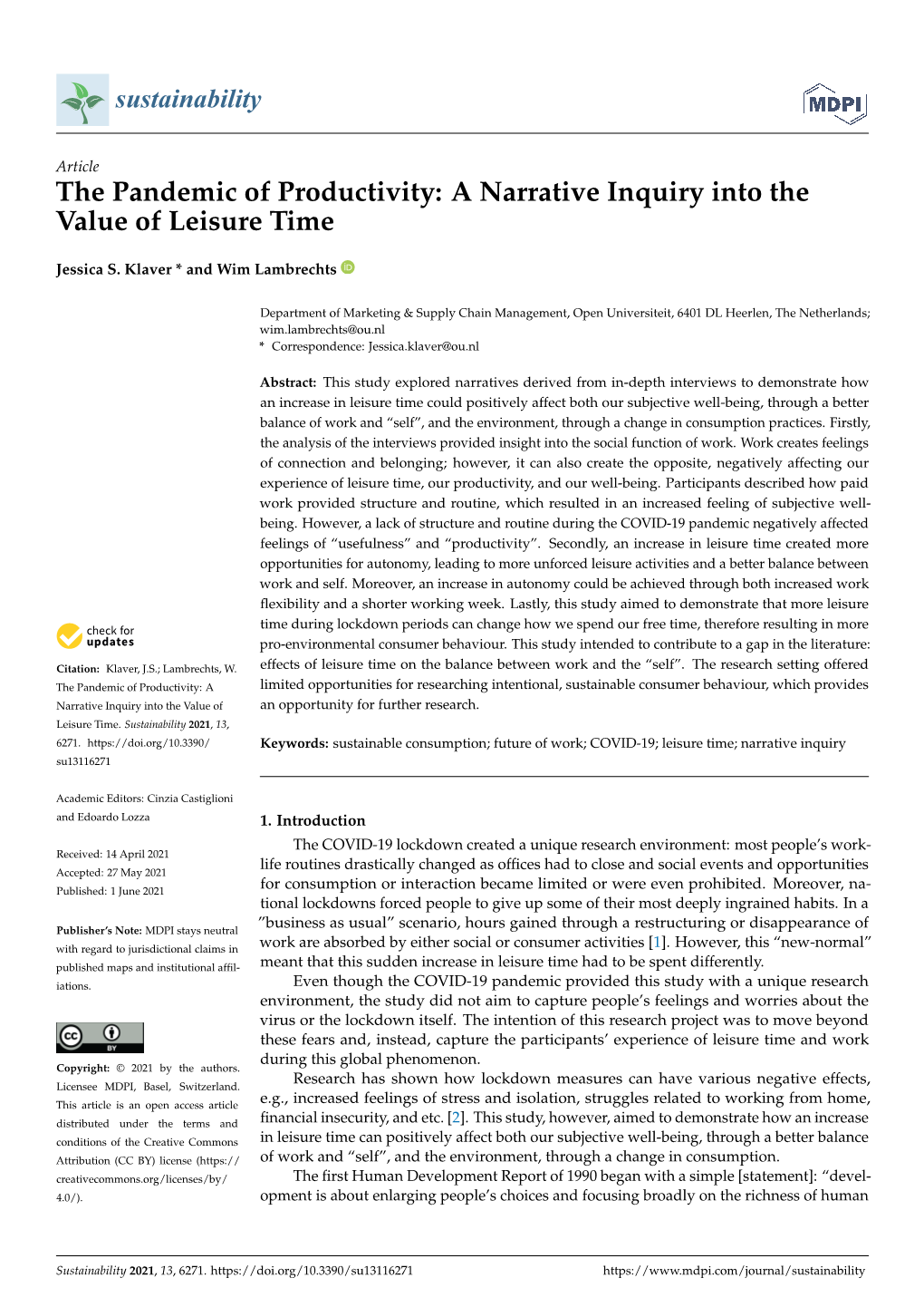 The Pandemic of Productivity: a Narrative Inquiry Into the Value of Leisure Time