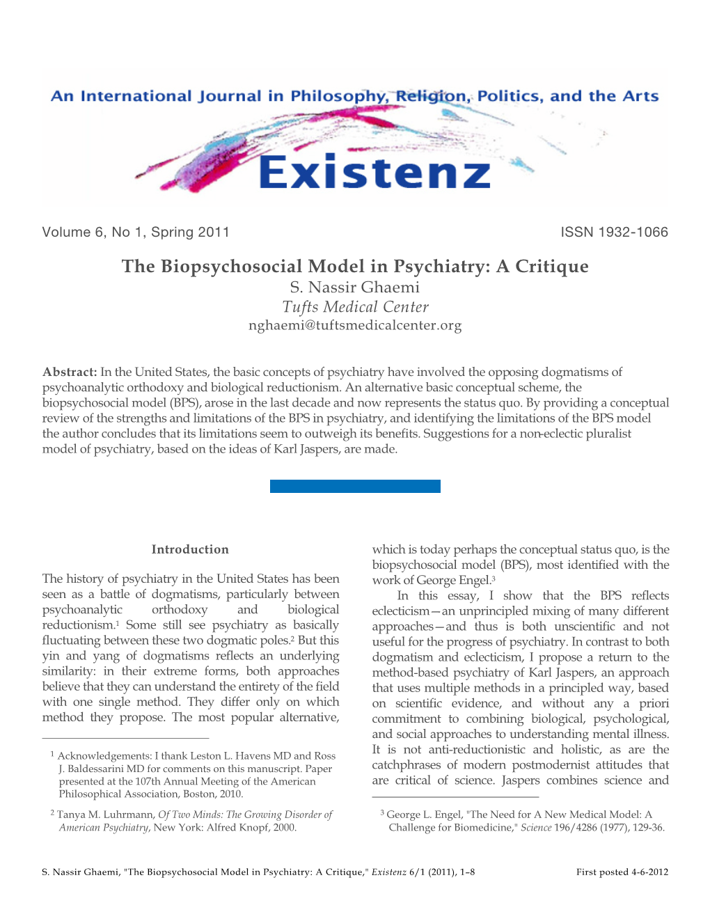 The Biopsychosocial Model in Psychiatry: a Critique S