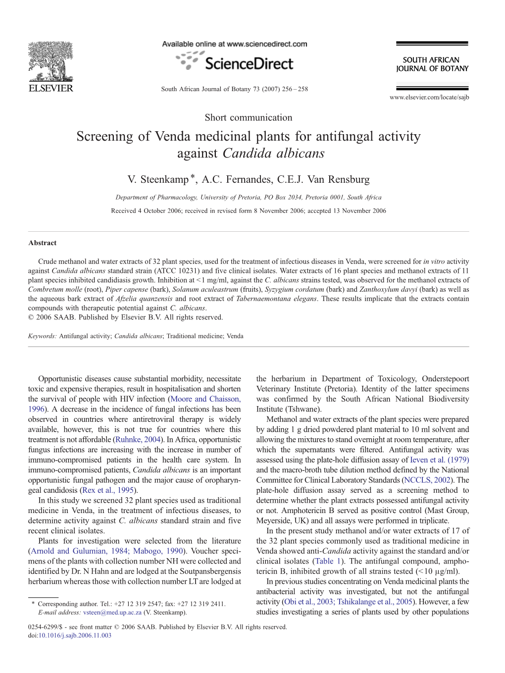 Screening of Venda Medicinal Plants for Antifungal Activity Against Candida Albicans ⁎ V